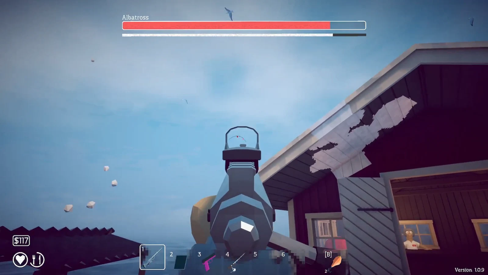 Aiming down the rifle sights at the flying Albatross with its health bar shown at the top