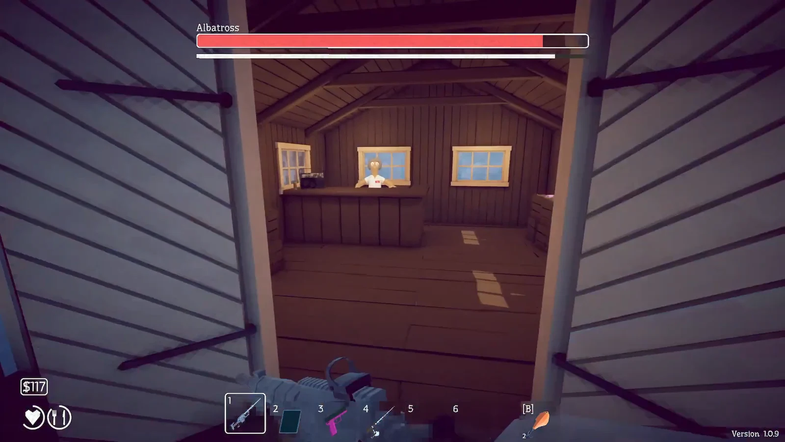 Rifle equipped in slot 1 while aiming from inside the boathouse toward the Albatross