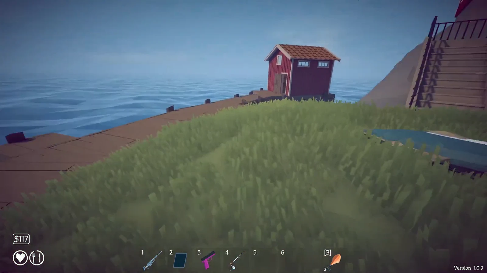 First-person view of the grassy dock and red boathouse where you drop the Tuna to summon the Albatross