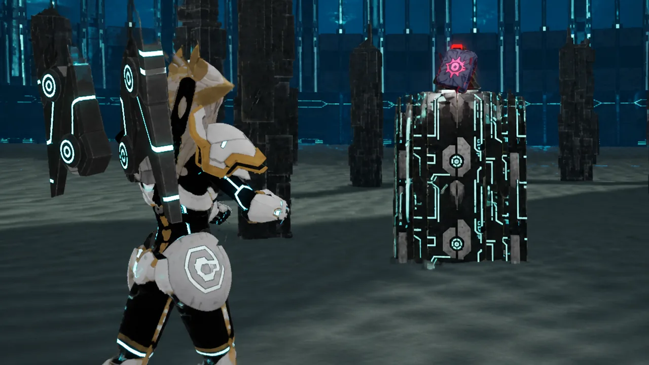 A white-and-gold robotic Pal facing a glowing rune-marked Summoning Altar inside a futuristic arena