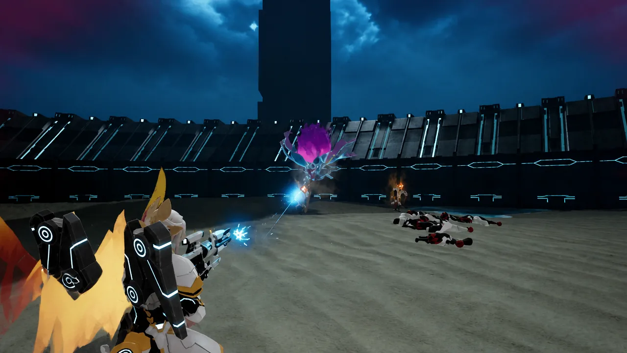 Player firing a futuristic weapon at the glowing purple Ice-form Bellanoir Libero in Phase 2