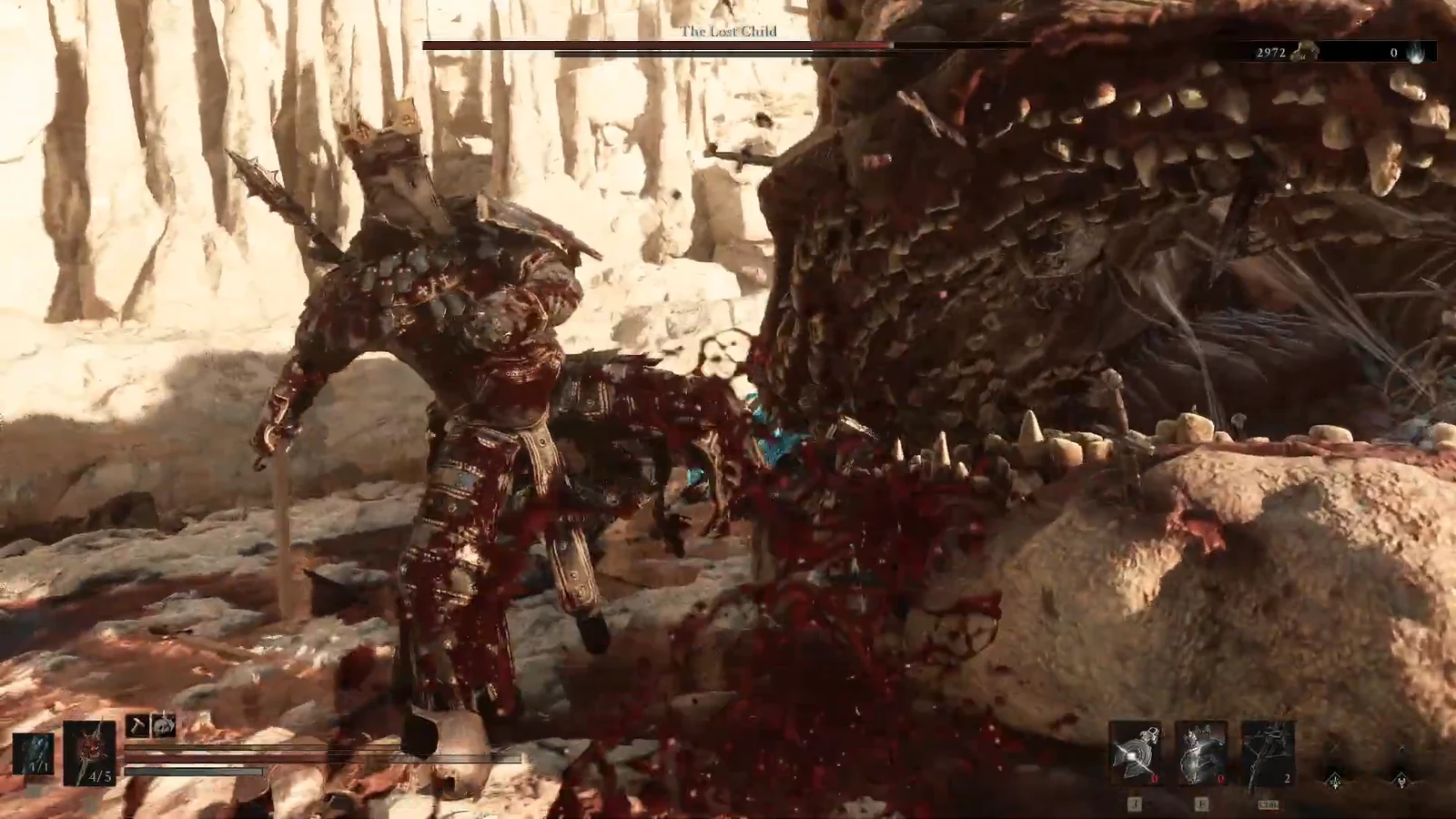 Player striking the staggered Lost Child head-on during the riposte animation