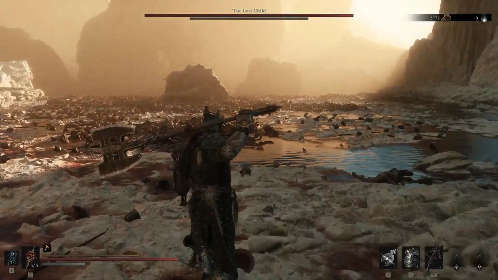 Aiming the crossbow at the Lost Child across the flooded rocky arena at the start of the fight