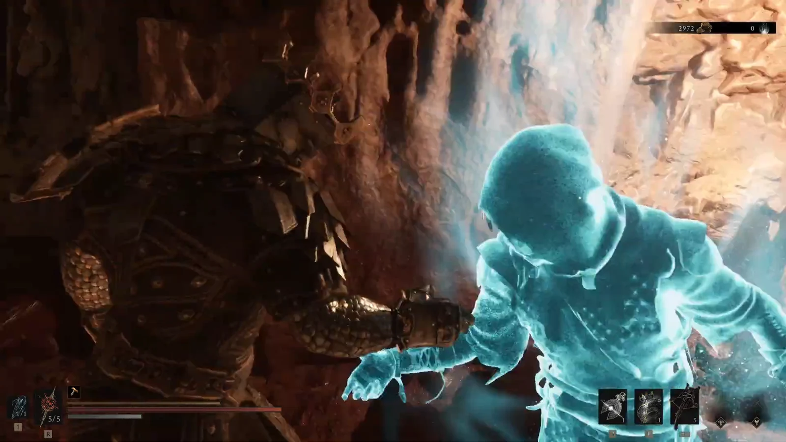 Player fighting alongside a glowing blue spectral shell inside the cavern before the boss arena
