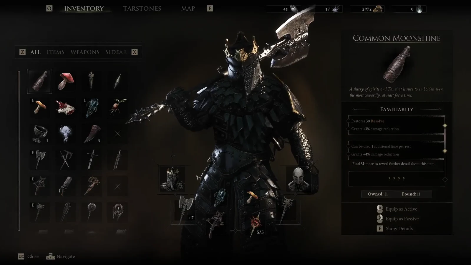 Inventory screen with Common Moonshine highlighted and its active and passive equip options shown