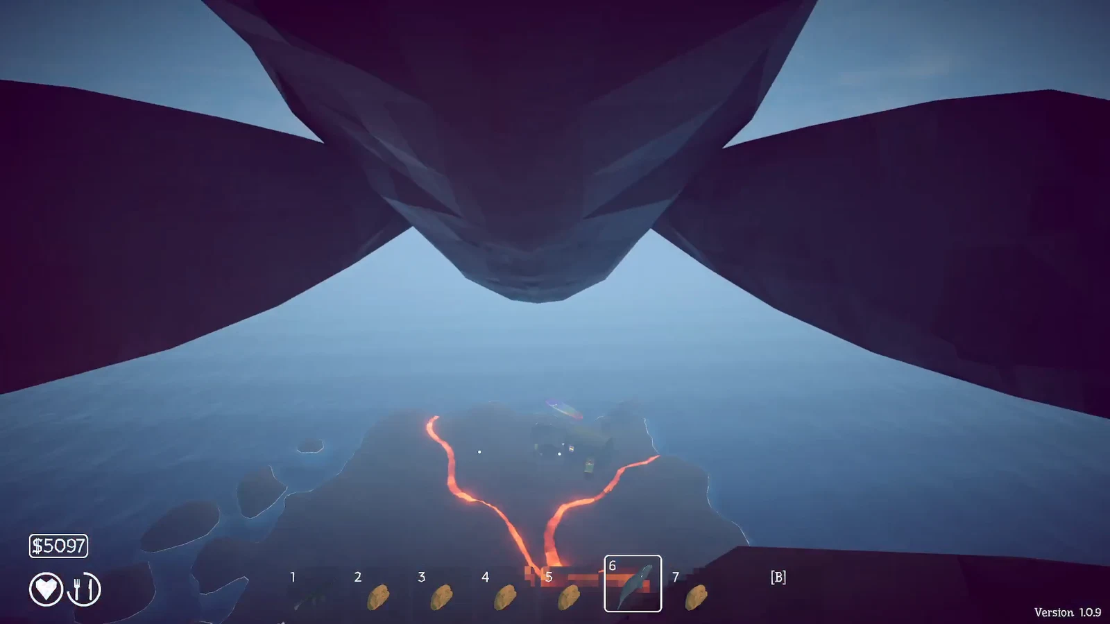 Player at the volcano edge looking down at the glowing island as the giant whale looms overhead