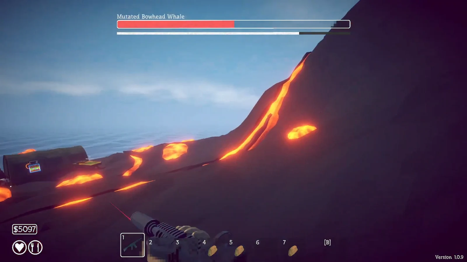Combat HUD targeting the Mutated Bowhead Whale with its health bar partly depleted in phase two