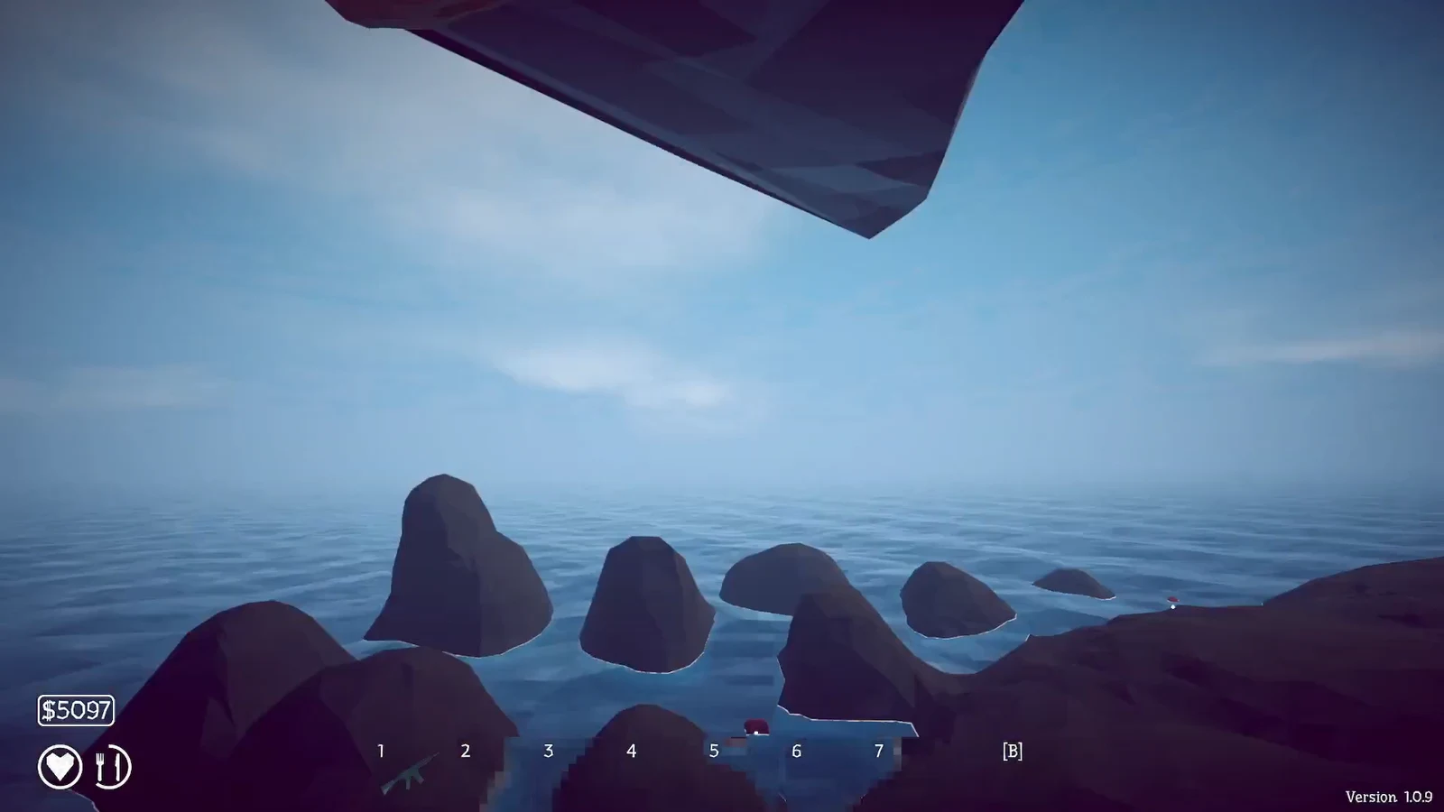 Rocky shoreline and open ocean with the weapon hotbar visible while returning to the boat