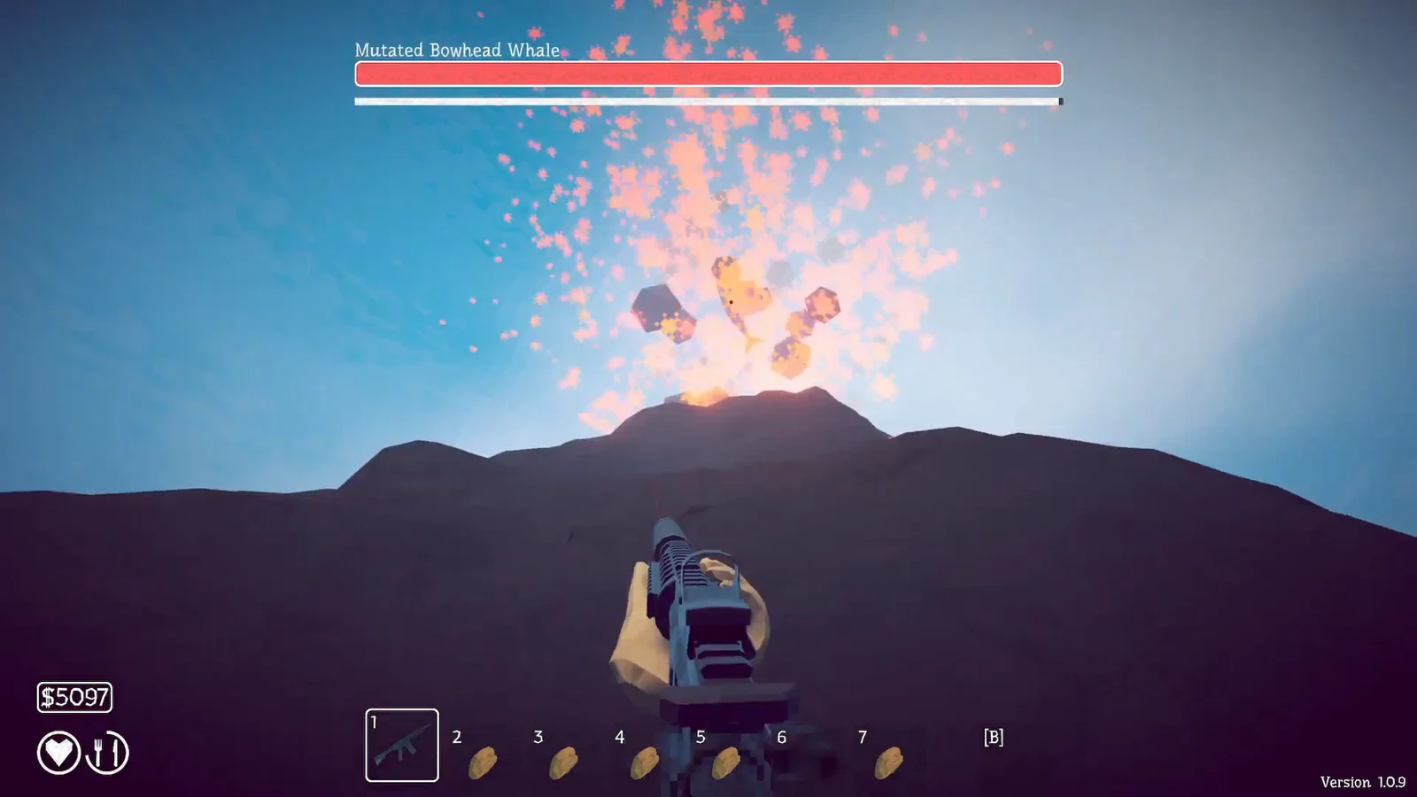 First-person rifle fire hitting the Mutated Bowhead Whale during phase one with an explosion visible