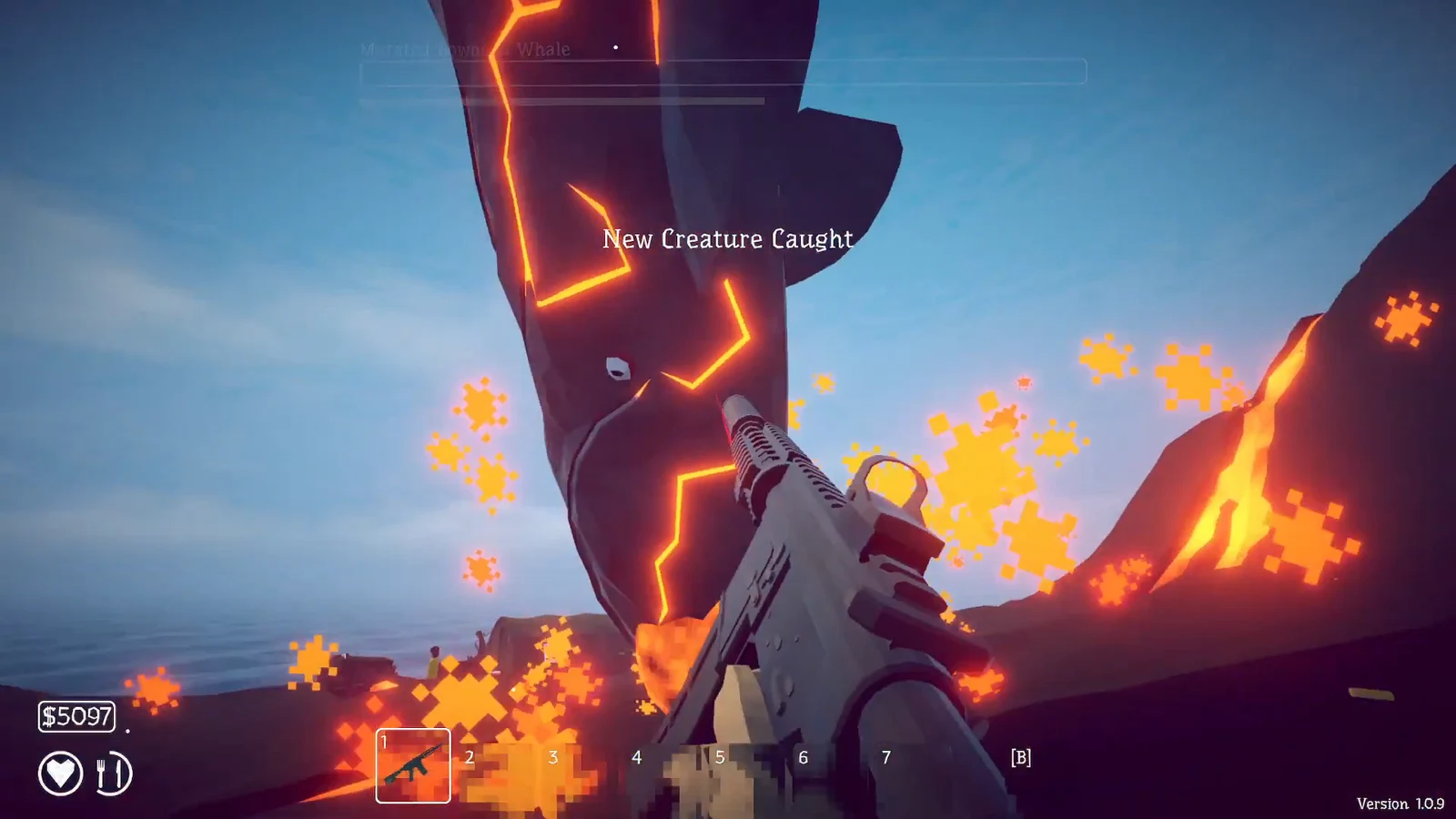 Rifle aimed at the glowing whale as the New Creature Caught notification confirms the kill