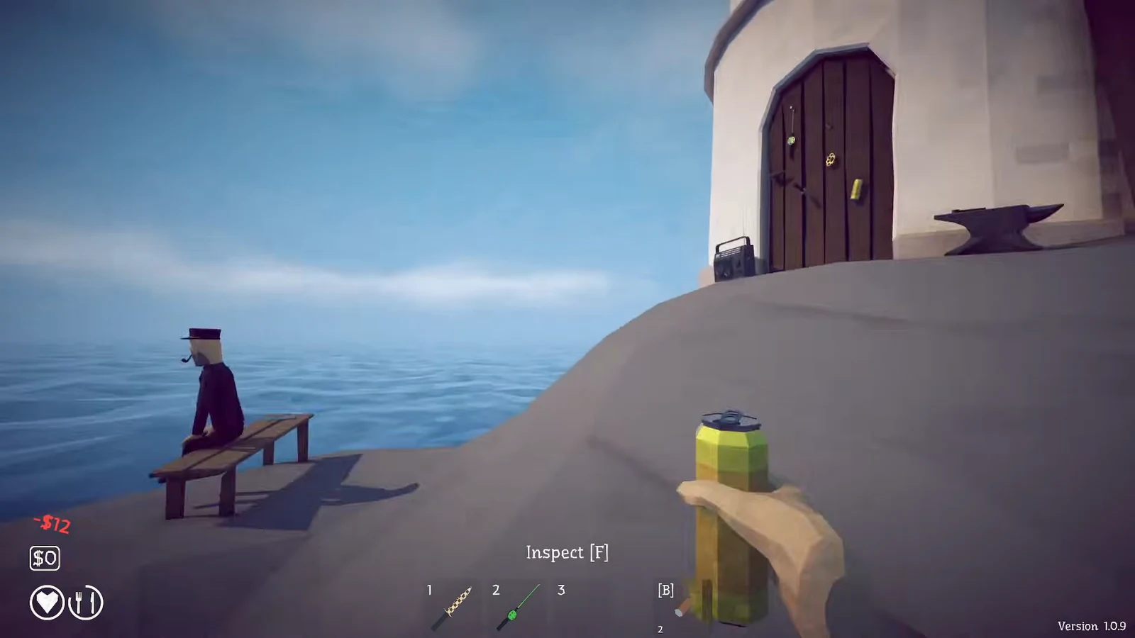 Player holding a green bottle facing the locked lighthouse door and anvil with an Inspect prompt