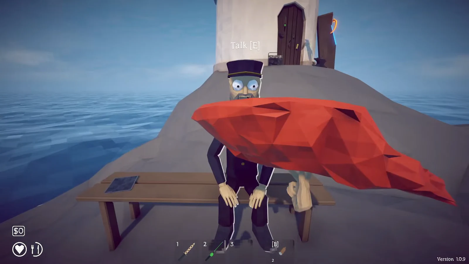 Talk prompt above the seated sailor NPC on the bench near the lighthouse
