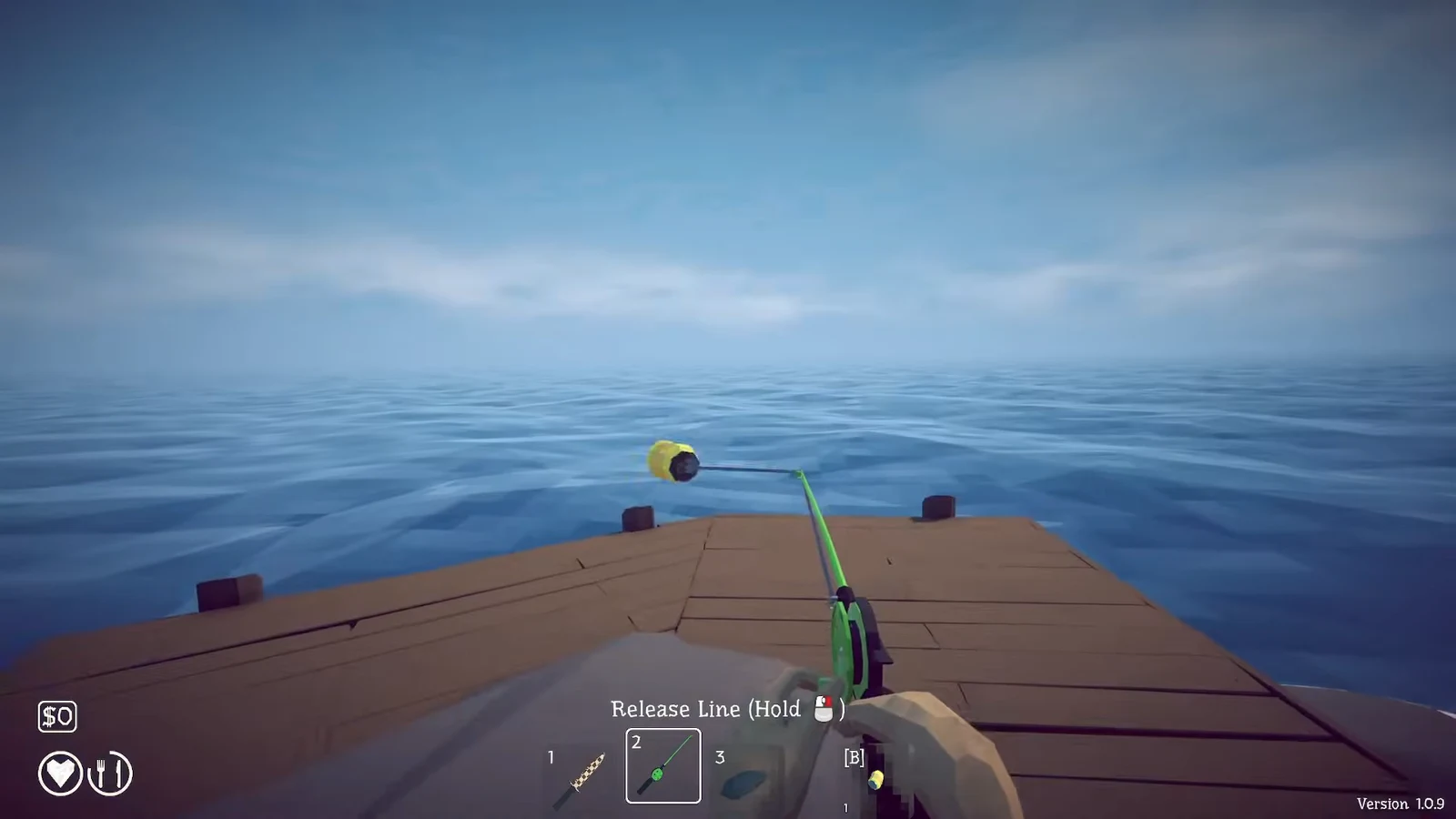 Fishing rod equipped in the second slot with a Release Line prompt aimed at the float