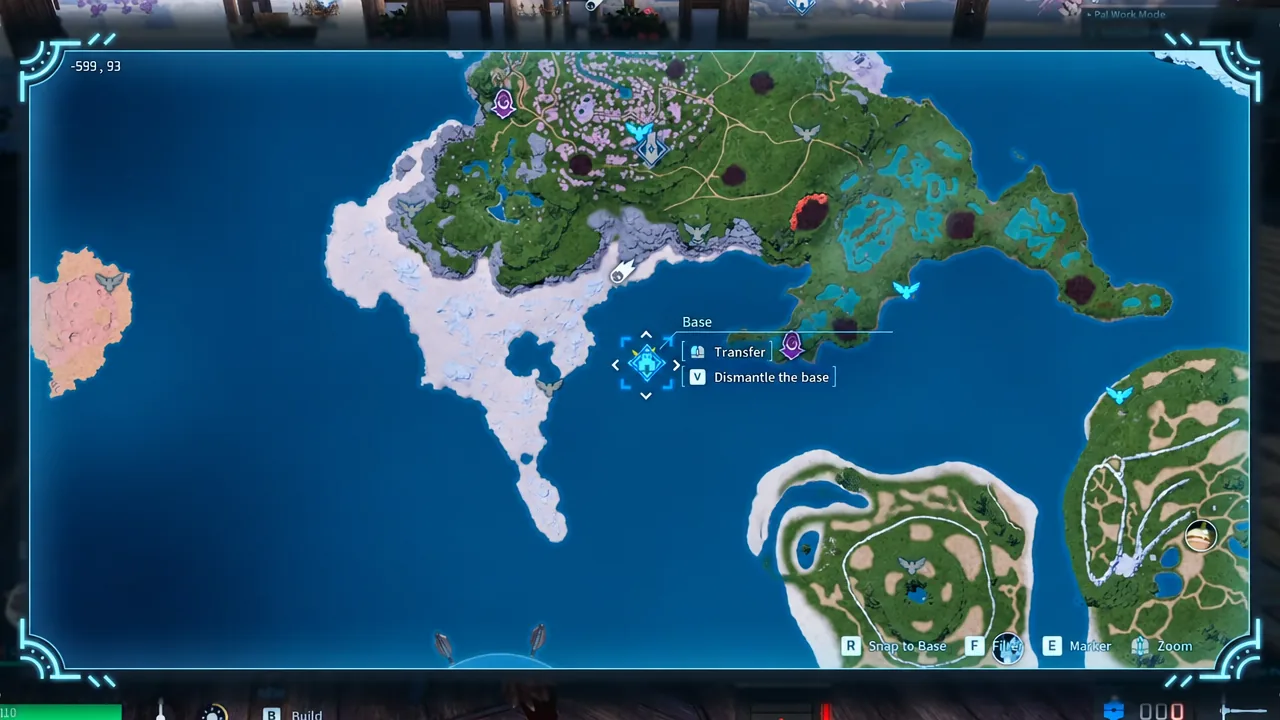 Palworld map screen with a Base marker selected, showing Transfer and Dismantle the base options