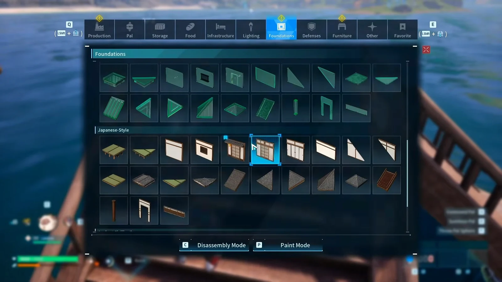 Palworld build menu open on a Japanese-style window wall panel ready to place