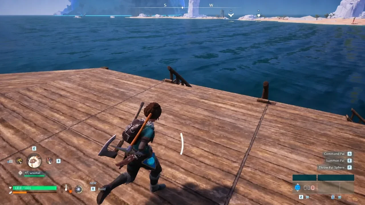 Temporary foundations and glass pillars supporting the upper tier of a floating Palworld base