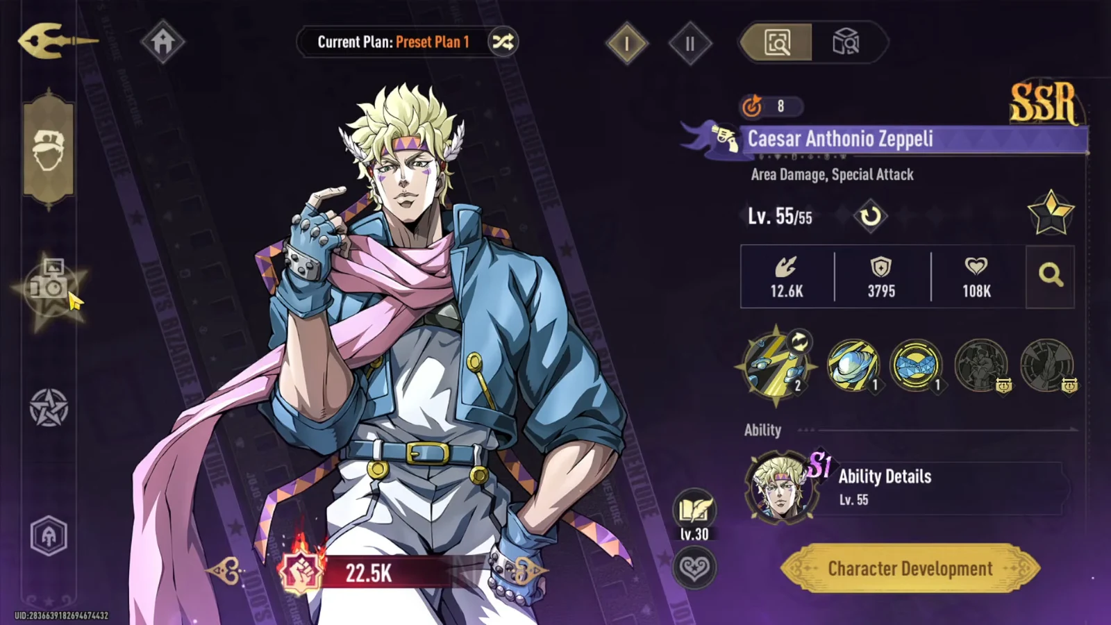 Caesar Anthonio Zeppeli character screen showing stats, skills and the Character Development button