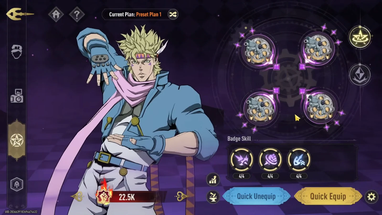 Preset Plan 1 loadout screen listing equipped badges and their active Badge Skills