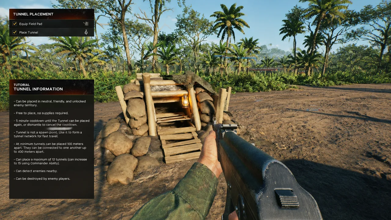 Tunnel placement prompt with Equip Field Pad and Place Tunnel steps ticked off in dense jungle