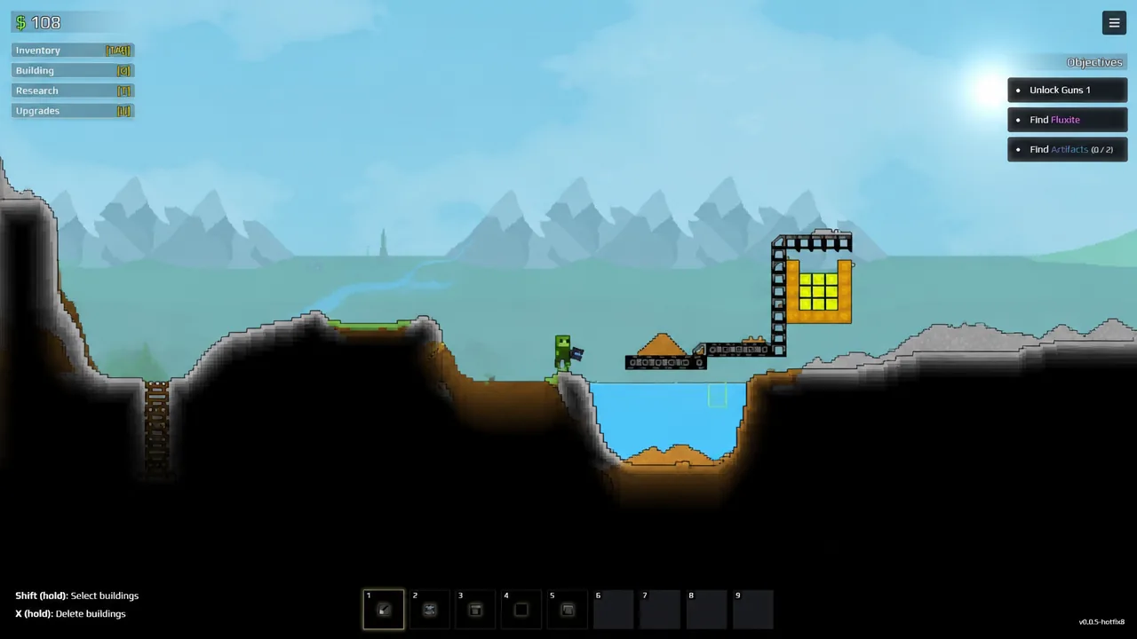 Sandustry gameplay screen showing the player beside a water-filled excavation