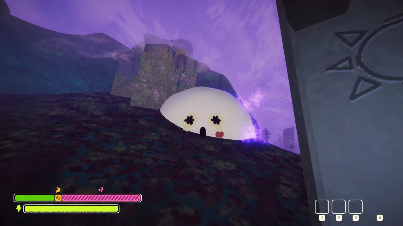 First-person view approaching a white ghost in a purple-lit swamp