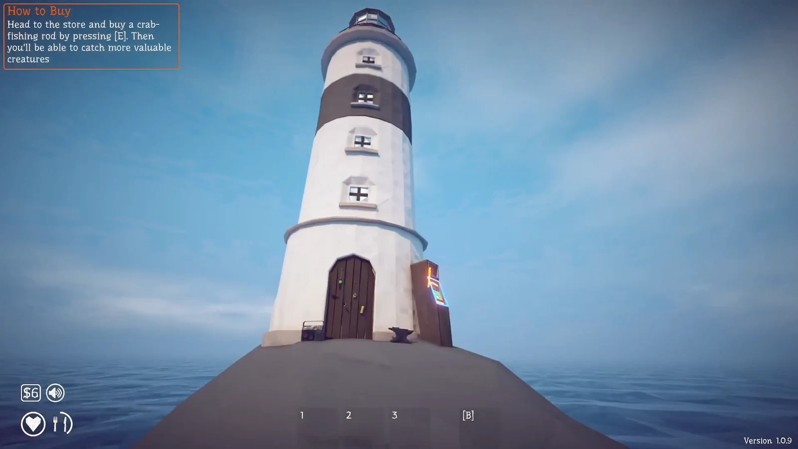 How to Buy overlay at the lighthouse door prompting the player to press E for the crab-fishing rod