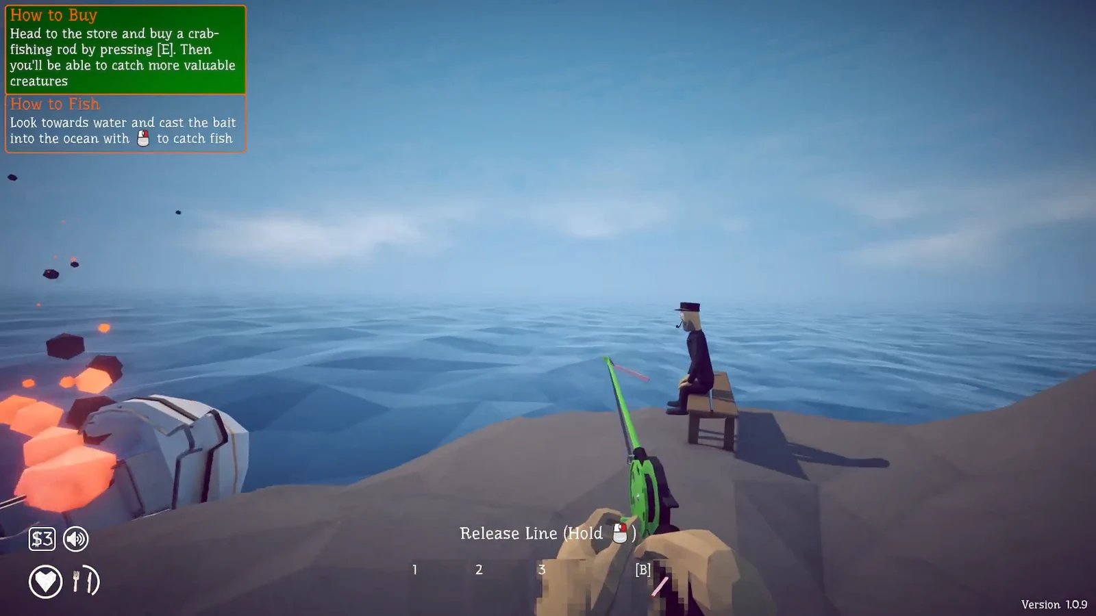 Fishing view with the rod aimed at the ocean while holding the button to release the line