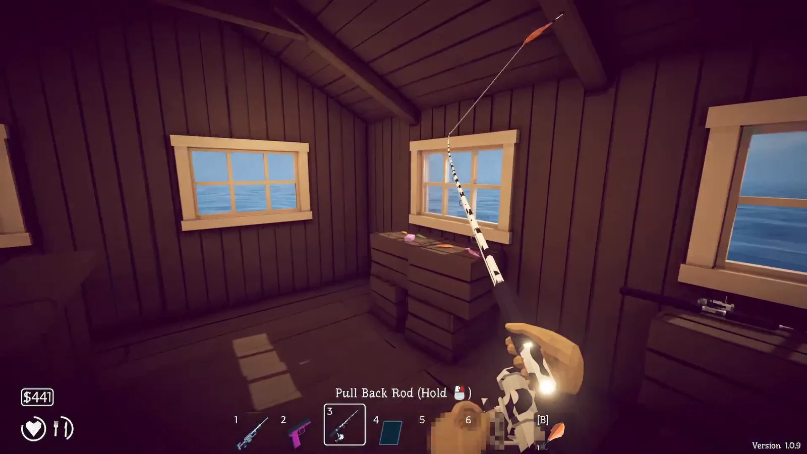 Fishing rod in slot 3 selected with the pull back rod prompt while standing in the boat