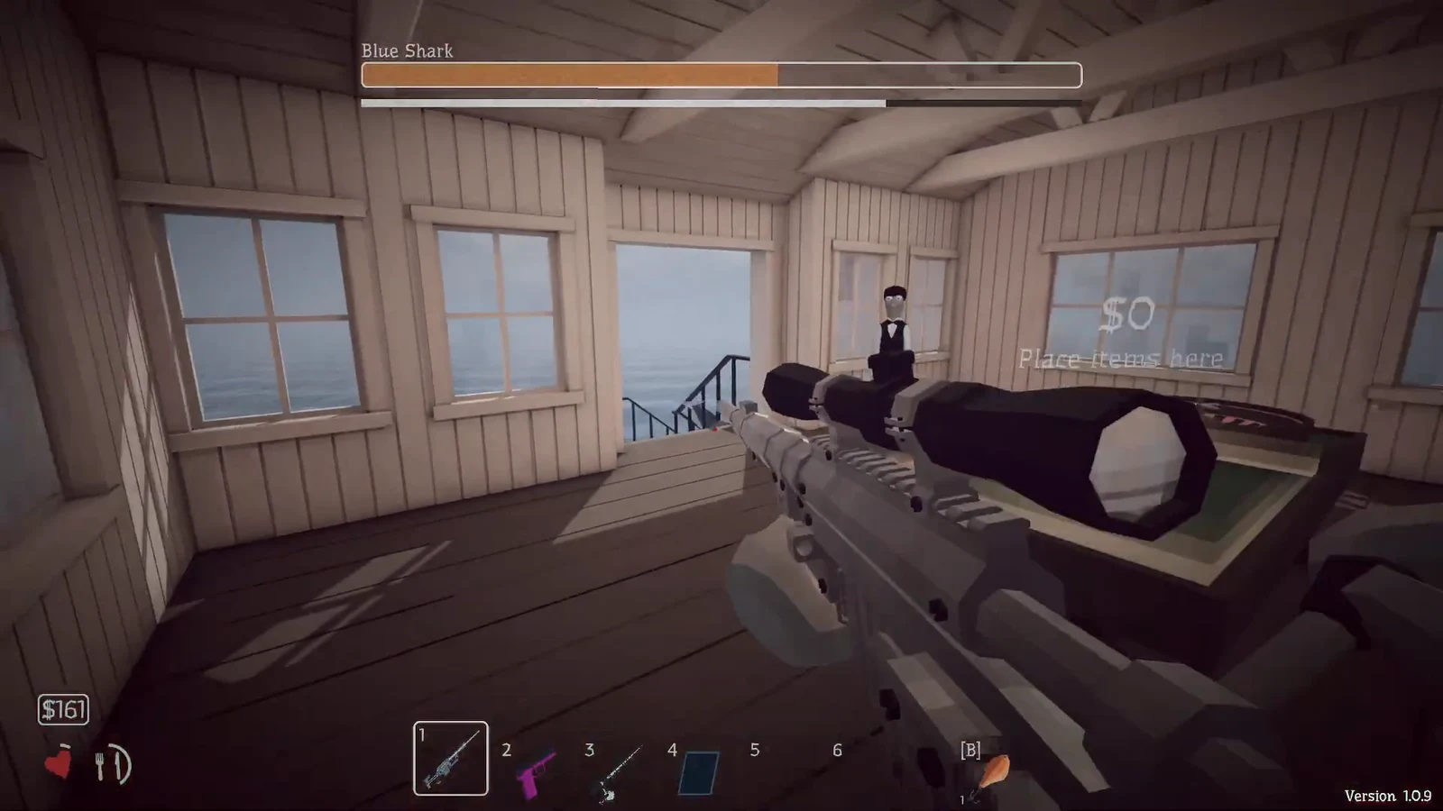 First-person view aiming a scoped rifle near a place items station with the Blue Shark health bar shown