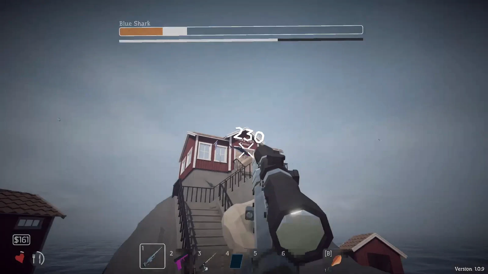 Scoped rifle aimed at a red Casino building while finishing the Blue Shark fight