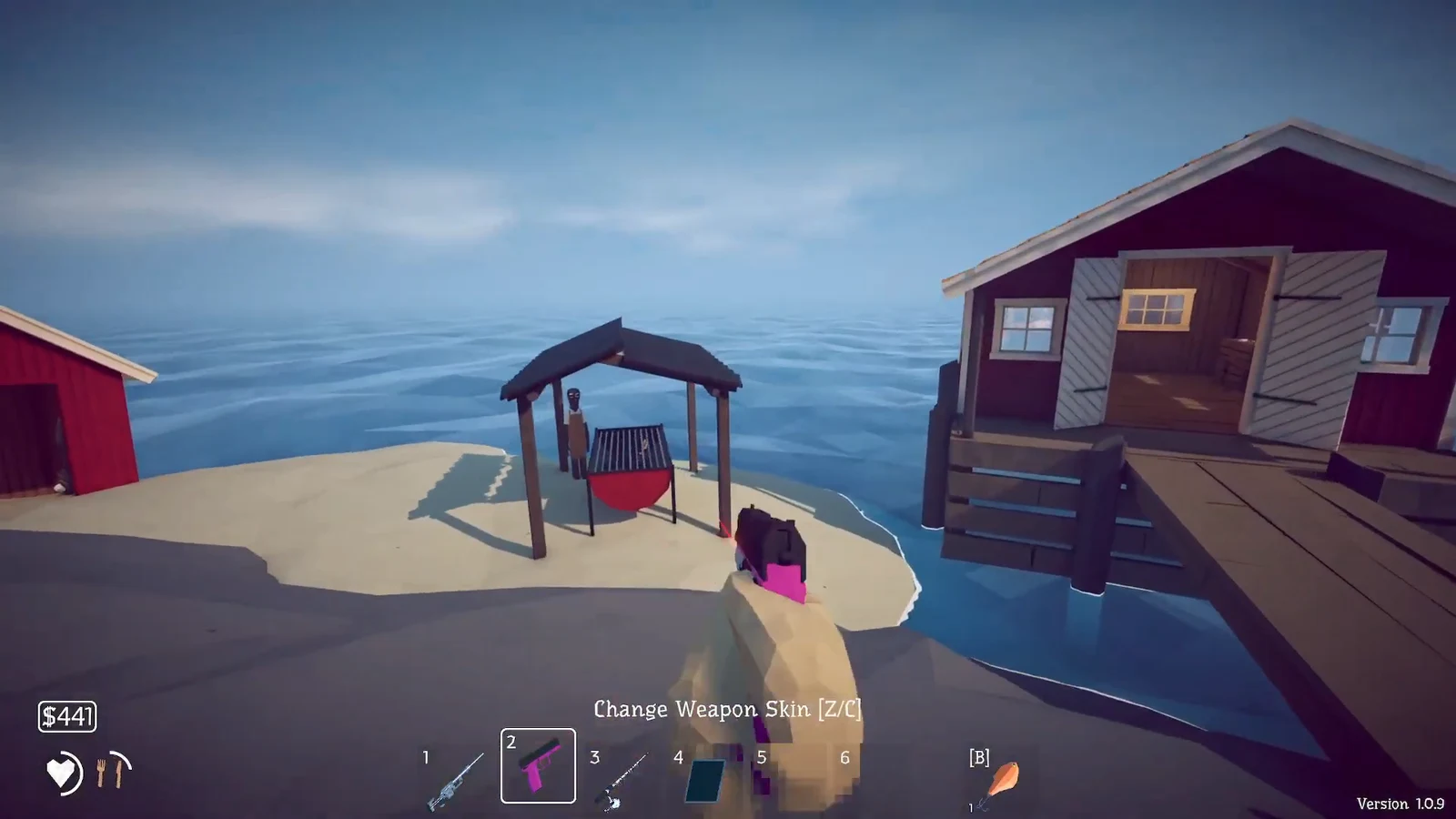 Gameplay with weapon slot 2 selected showing a pistol during a change weapon skin prompt