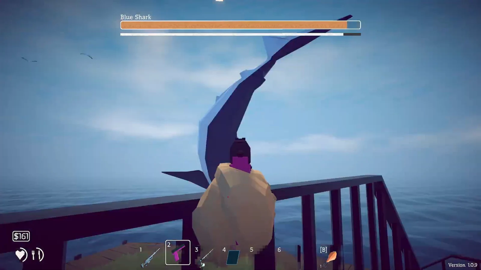Blue Shark health bar showing while aiming a pistol at the shark during the fight