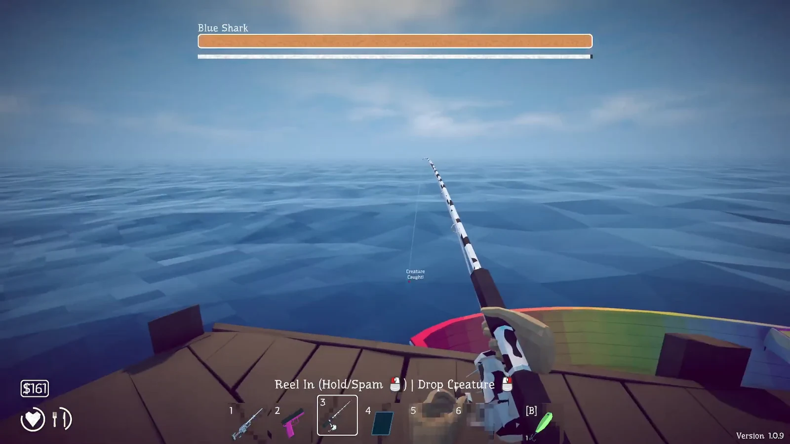 Hooked Blue Shark being reeled in with the fishing rod slot highlighted