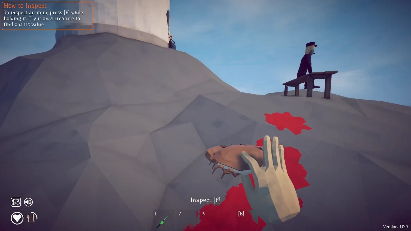 Held crab with the Inspect F prompt shown, used to check the item's value