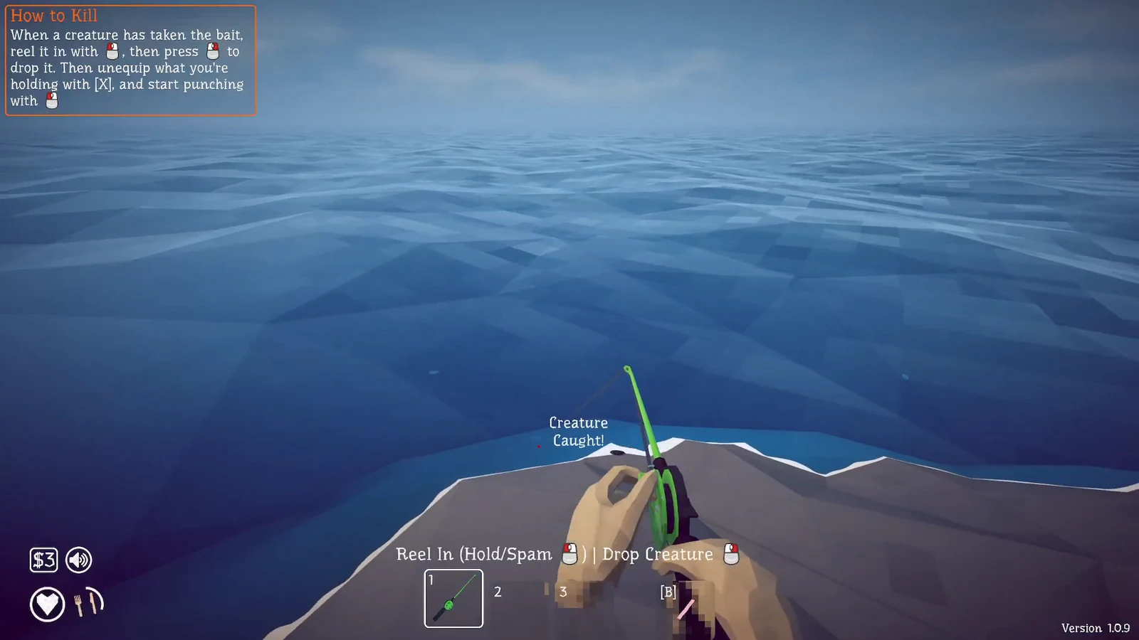 Creature Caught message on screen while the hooked crab is reeled in with the rod