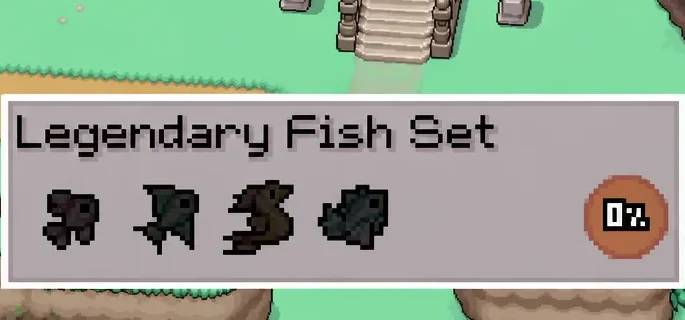 The Legendary Fish Set panel showing four fish slots and zero percent collection progress