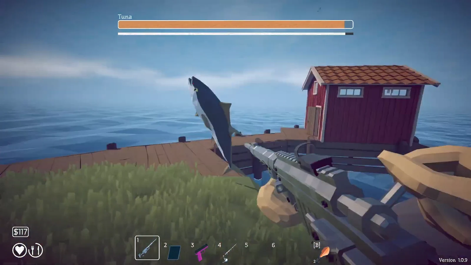 Game HUD showing a nearly empty Tuna health bar as the equipped rifle aims at the tuna on the dock