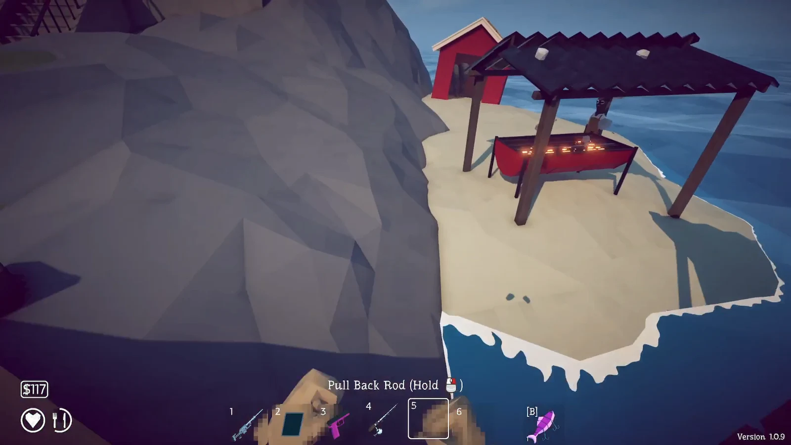 Fishing HUD showing the Pull Back Rod hold prompt while reeling near a beach cooking station