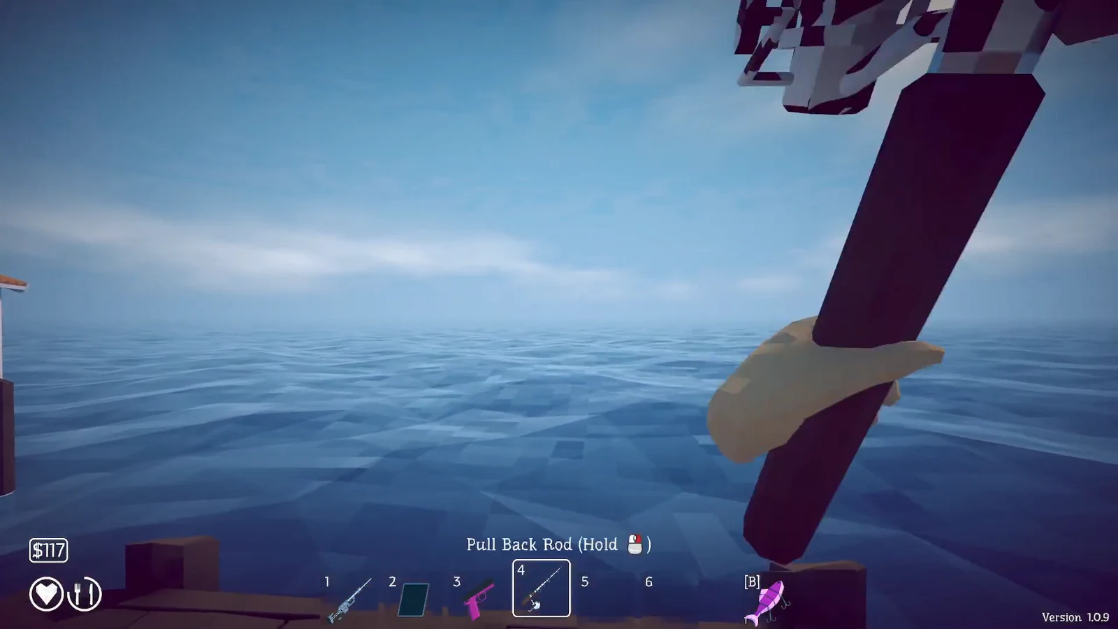 Fishing view prompting the player to hold to pull back the rod, with the rod equipped in slot four