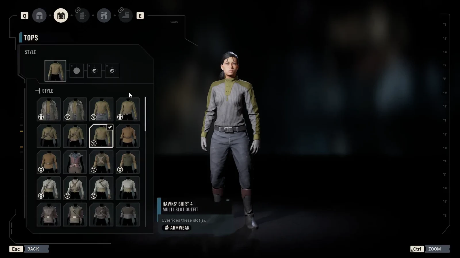 Tops customization screen previewing a selected multi-slot shirt on the character
