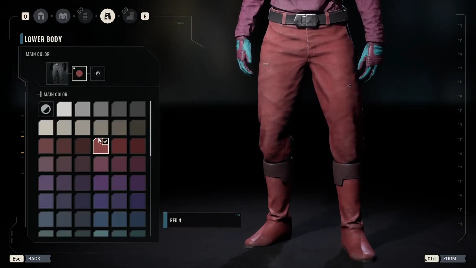 Lower Body color menu with a red swatch selected for the character's pants