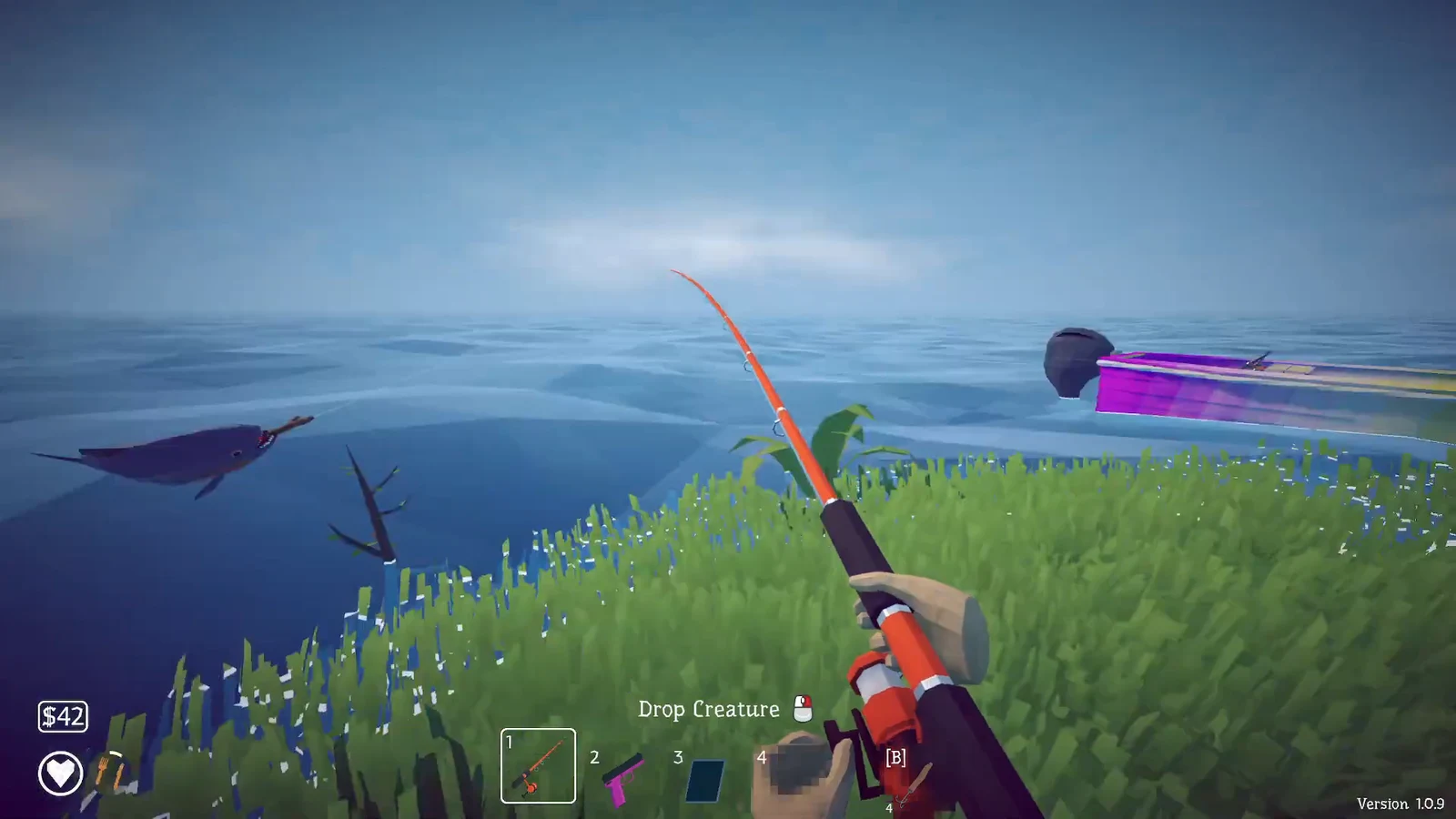 How to Fish gameplay with the fishing rod in slot one, aiming at a creature in the water and a Drop Creature prompt