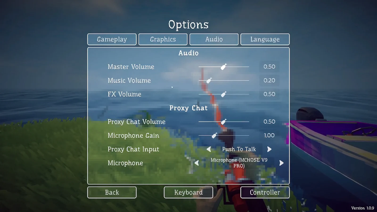 How to Fish Audio tab open with volume sliders, Proxy Chat Volume, Microphone Gain, and microphone device selector