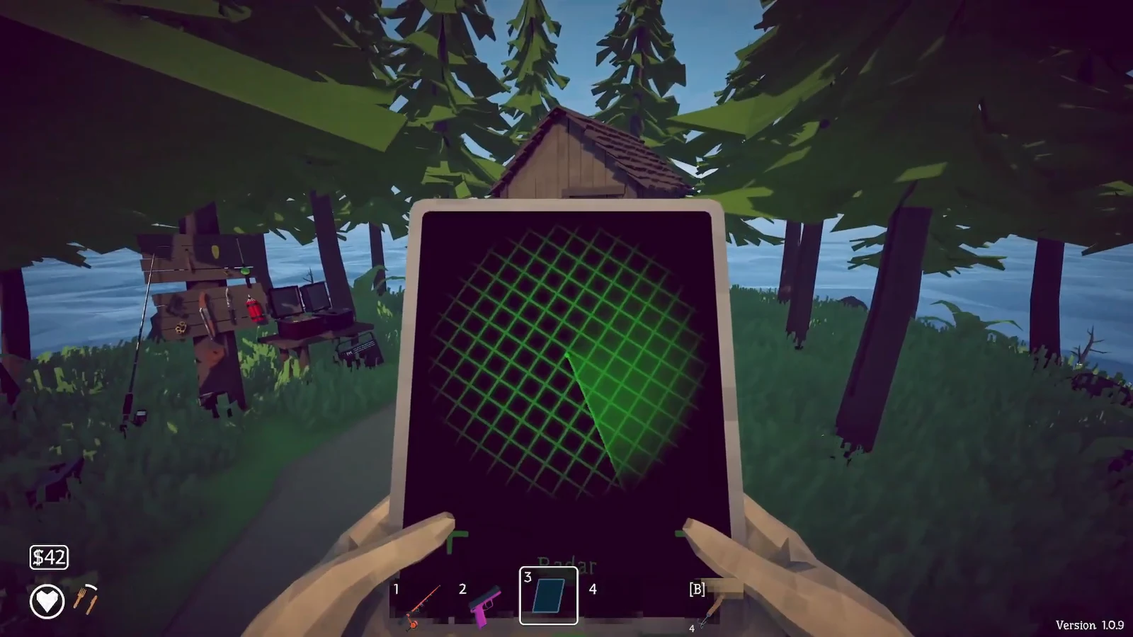 Radar tool equipped in How to Fish, showing a green scanning grid with a detected object in the forest