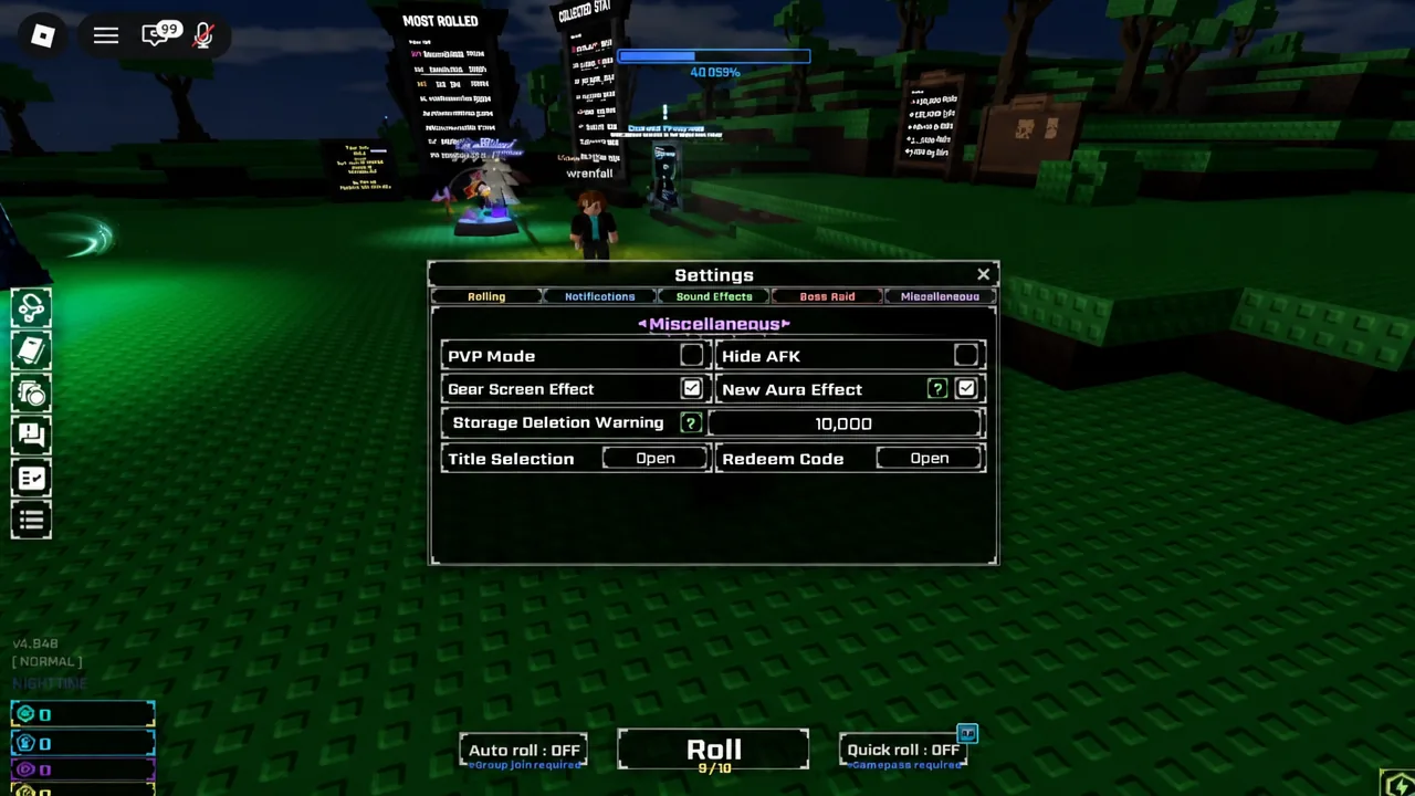 Miscellaneous settings tab showing toggles alongside Open buttons