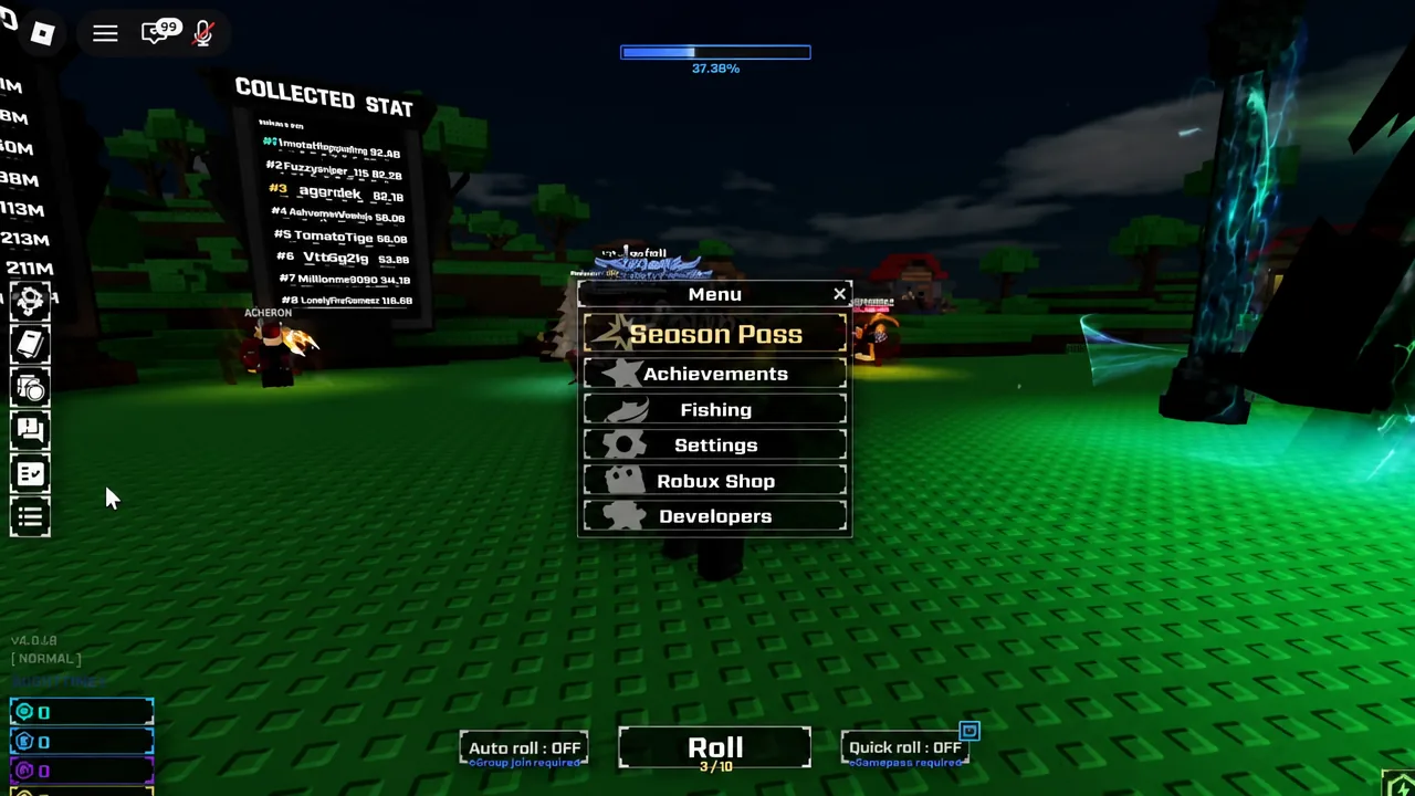 The expanded Sol's RNG menu panel on the left side of the screen