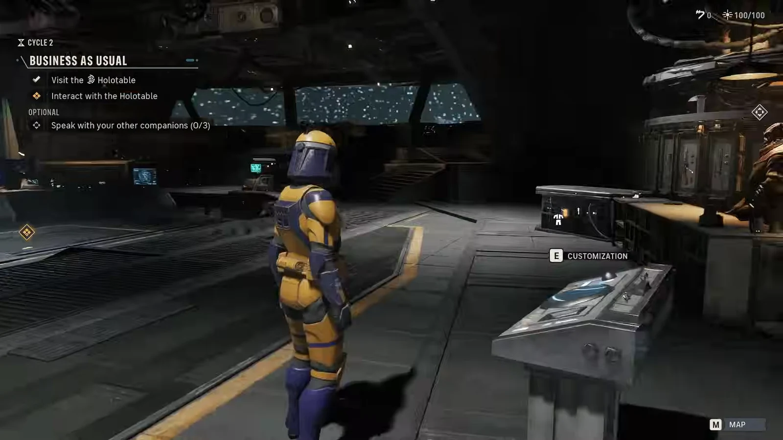 The E CUSTOMIZATION interact prompt shown at the customization station in The Den