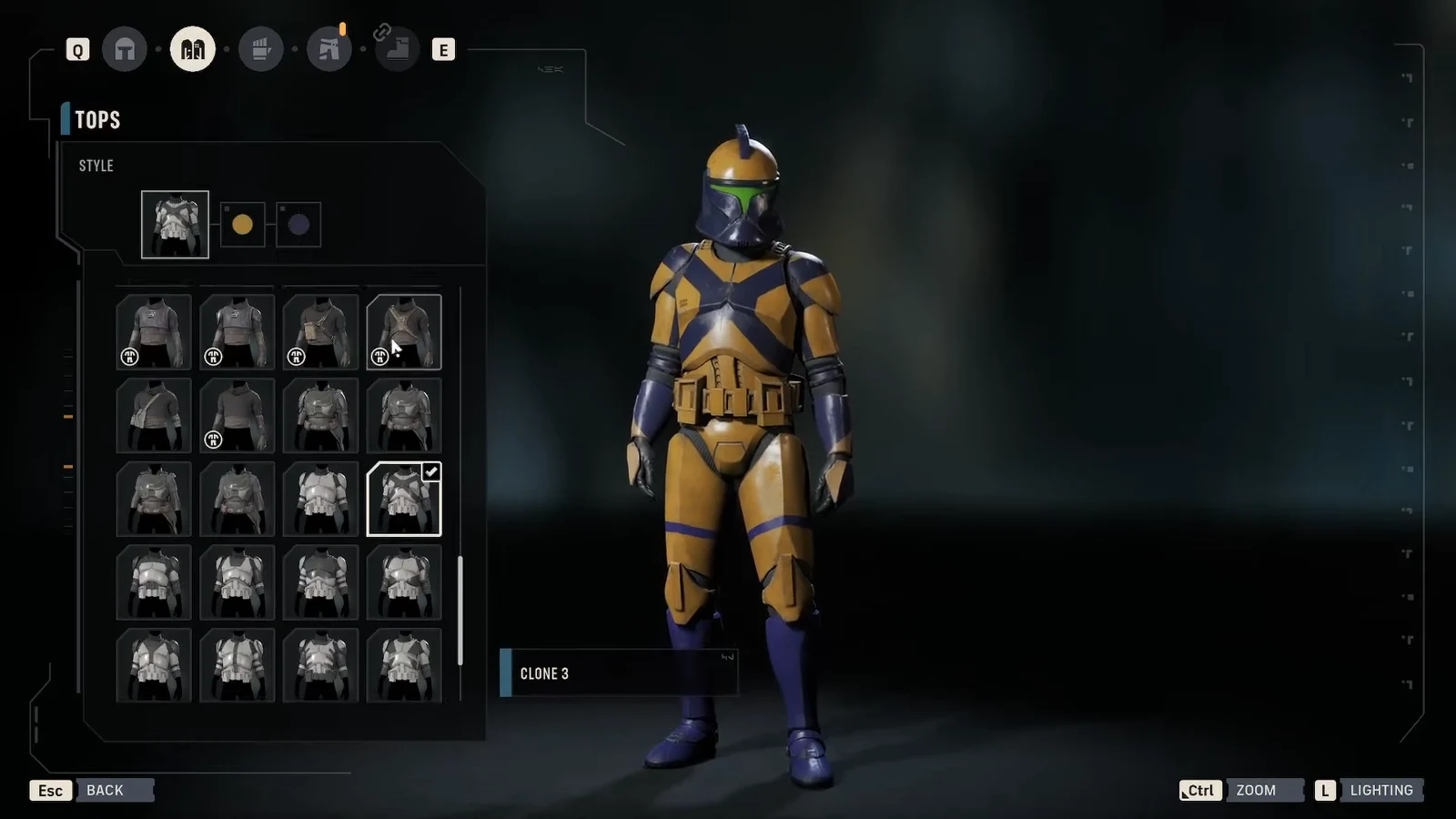 The TOPS menu open with the Clone 3 armor top selected and shown on the character