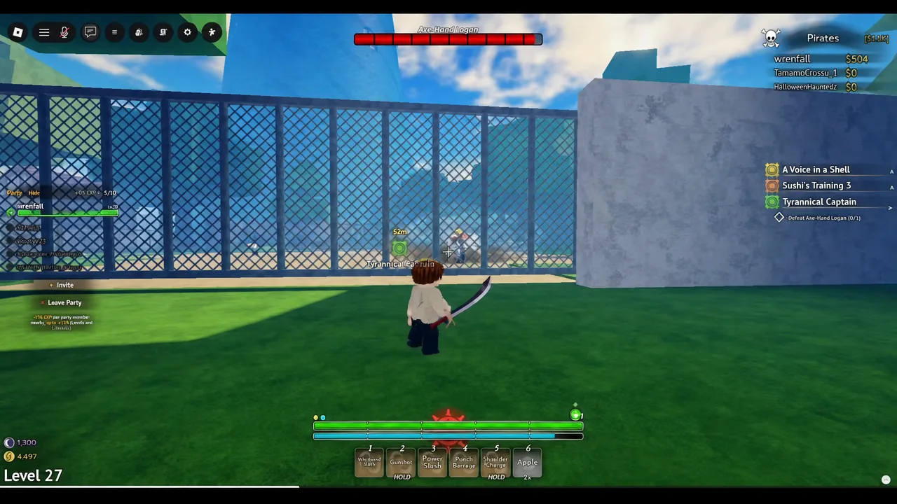 Quest tracker reading Defeat Axe-Hand Logan 0/1 as the player walks up to the boss in the courtyard