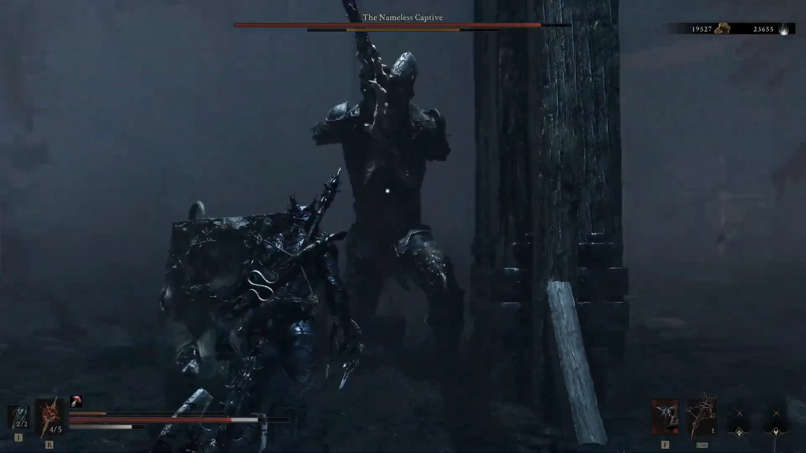 Nameless Captive health bar over the armored boss as the player fights in the pit